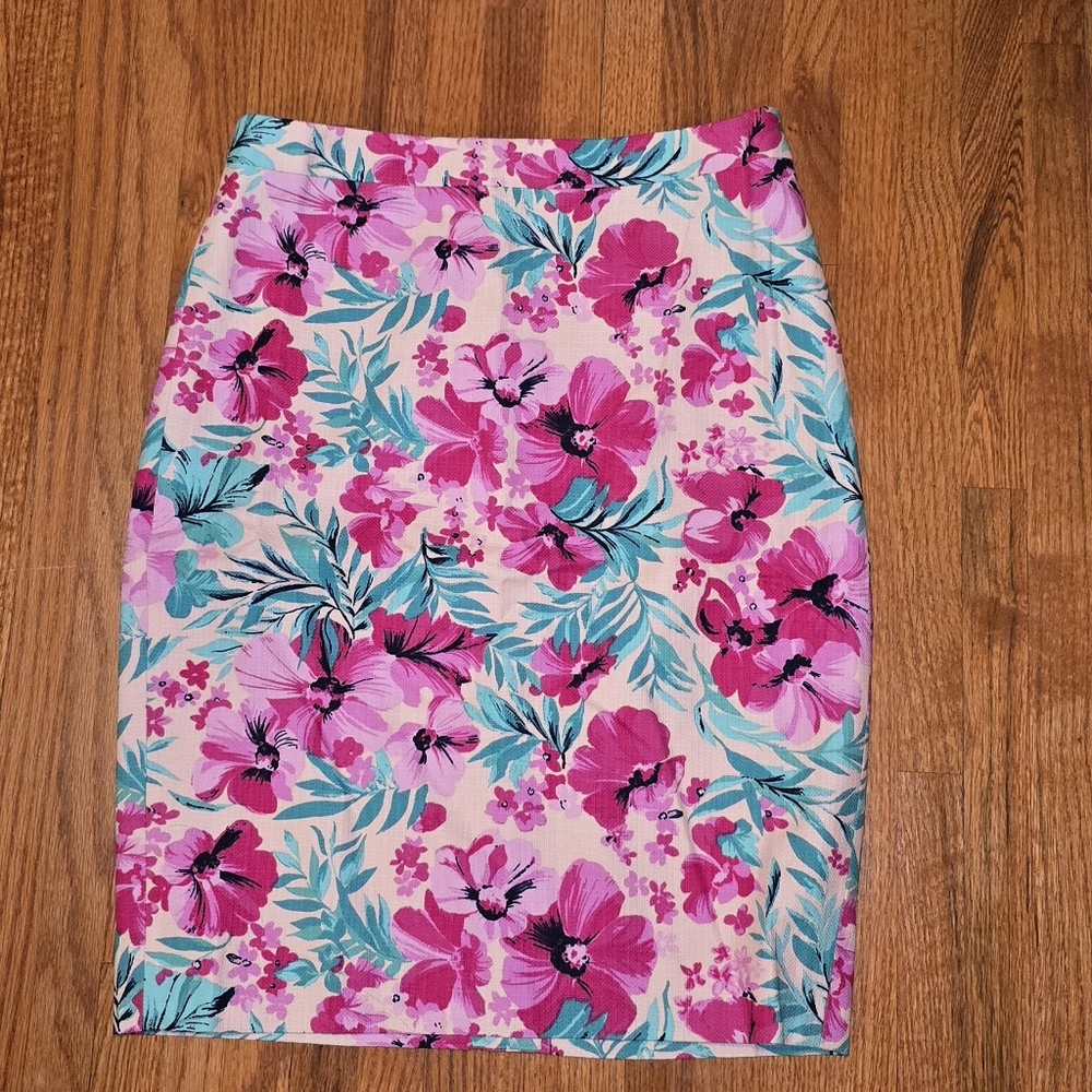 J. Crew Pink and Green Floral Pencil Skirt